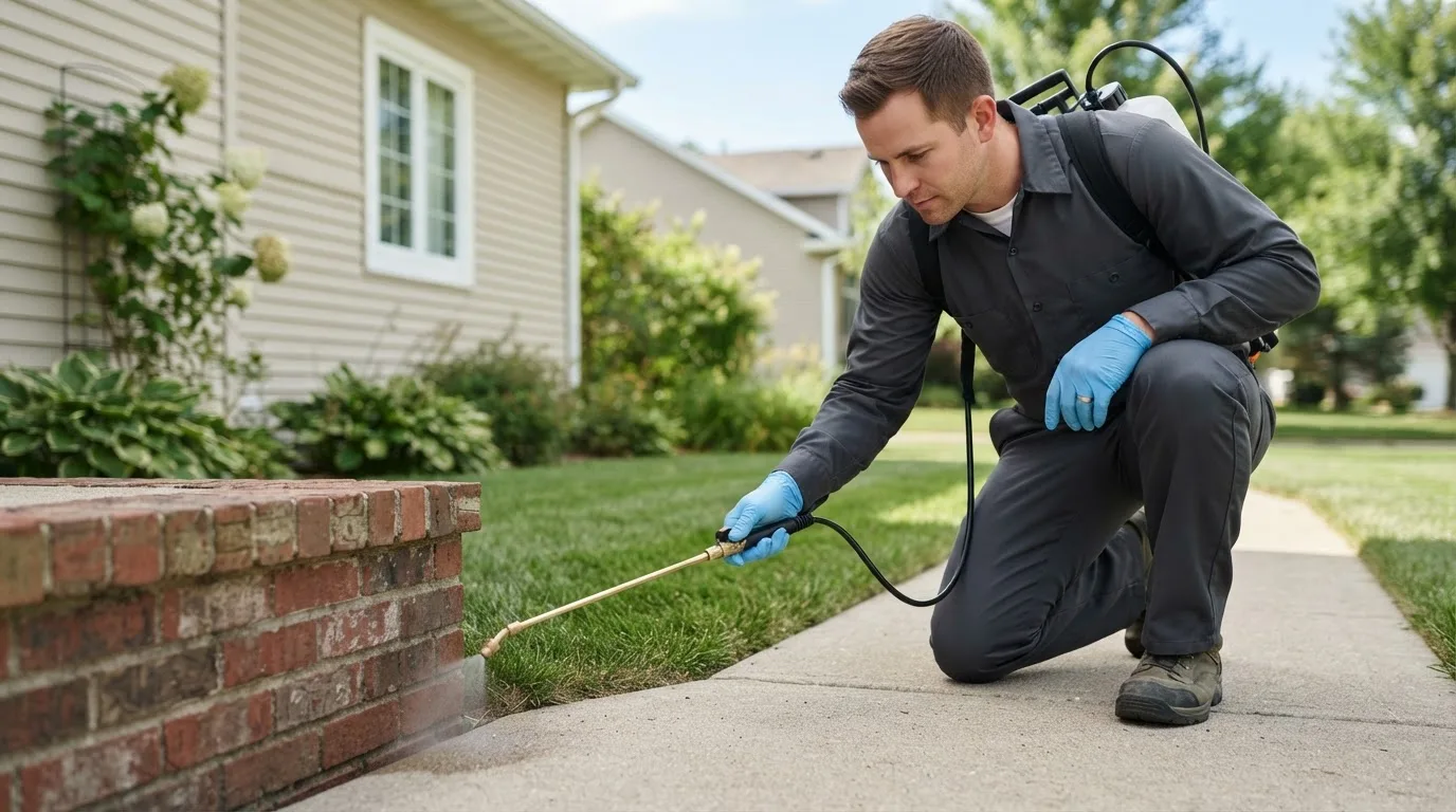Pest control technician treating a home near Trenton, MO