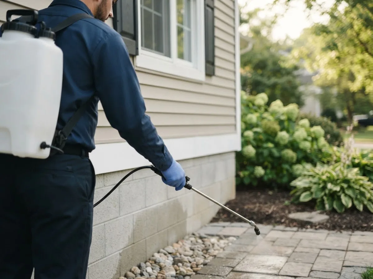 Pest control technician inspecting a home in Trenton, MO